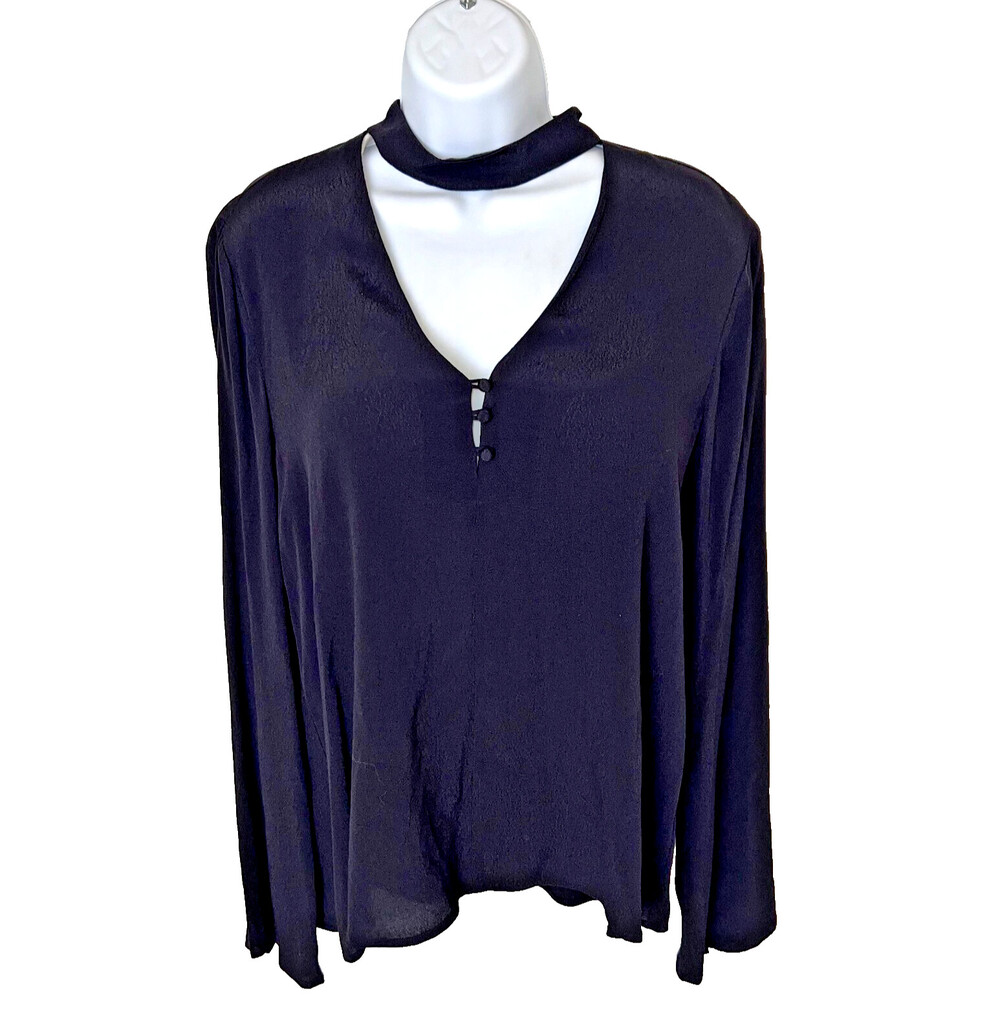 Sanctuary Women's S NWT Blouse Black Long Flare Sleeve Choker Collar V Neck